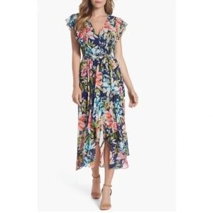 Eliza J Ruffle Floral Faux Wrap High Low Midi Dress Size 10